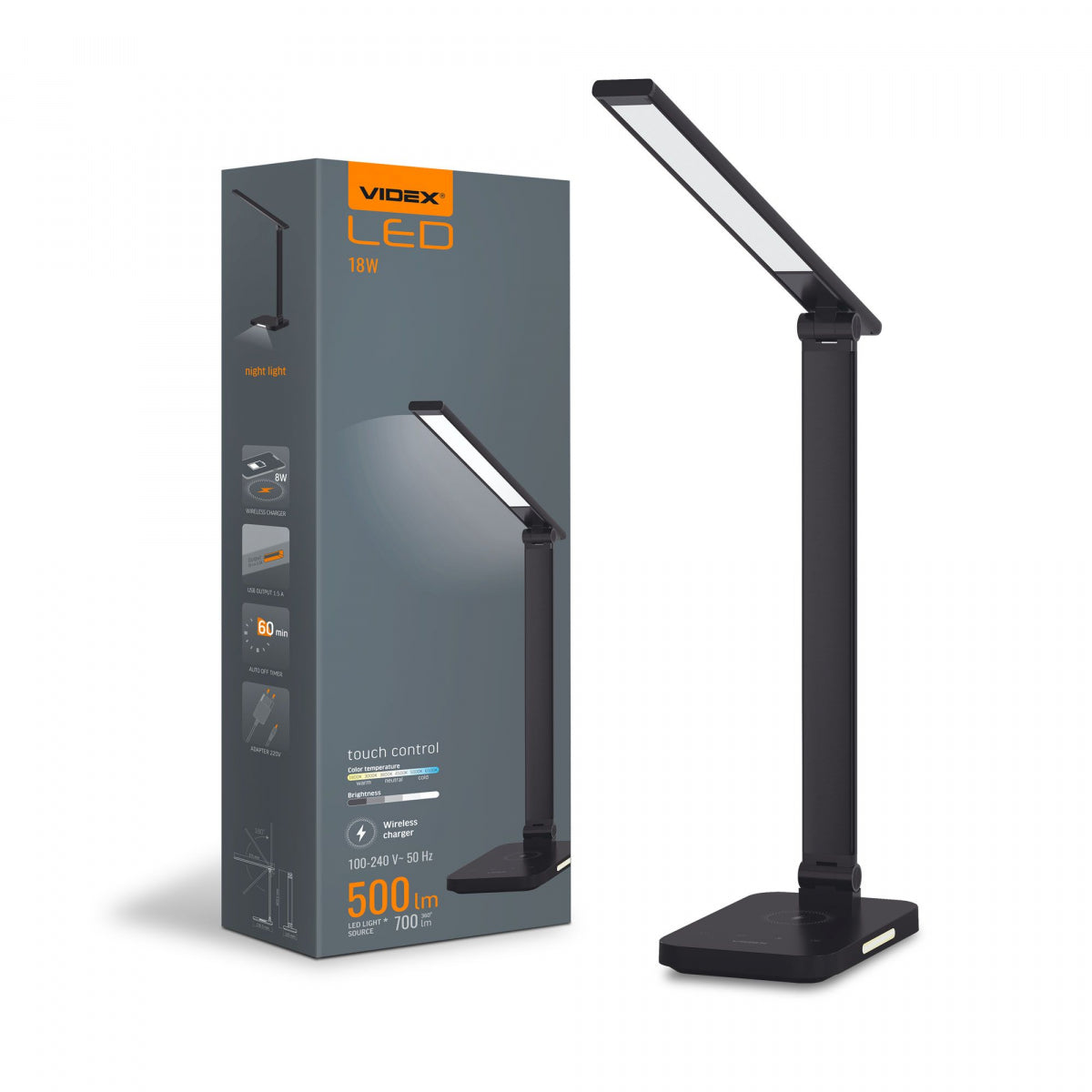 LED skrivbordslampa med trådlös laddning VIDEX VL-TF17B Svart